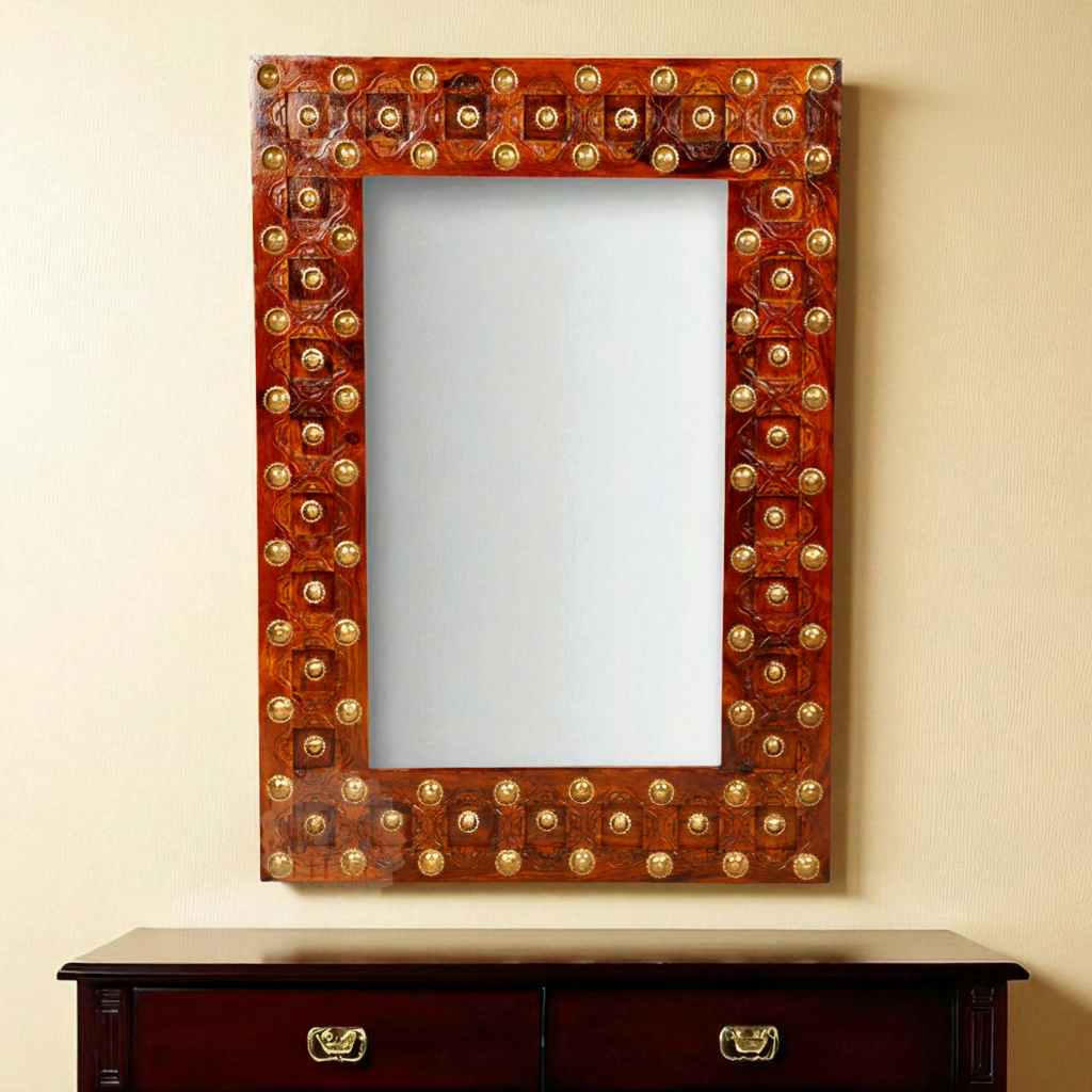 Solid Sheesham Wood Mirror with Brass-Art Frame
