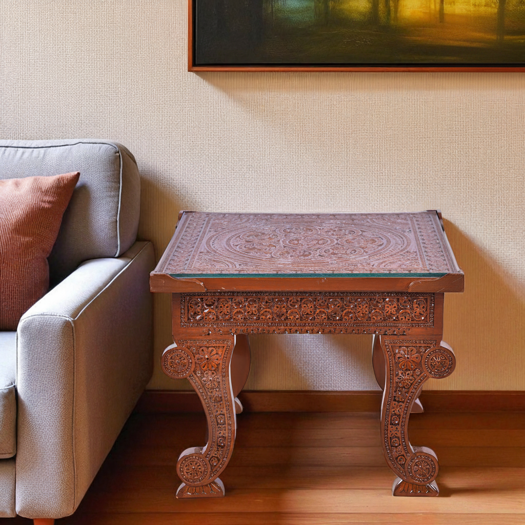 Solid Teak Wood Hand-Carved Side Table with Glass Top