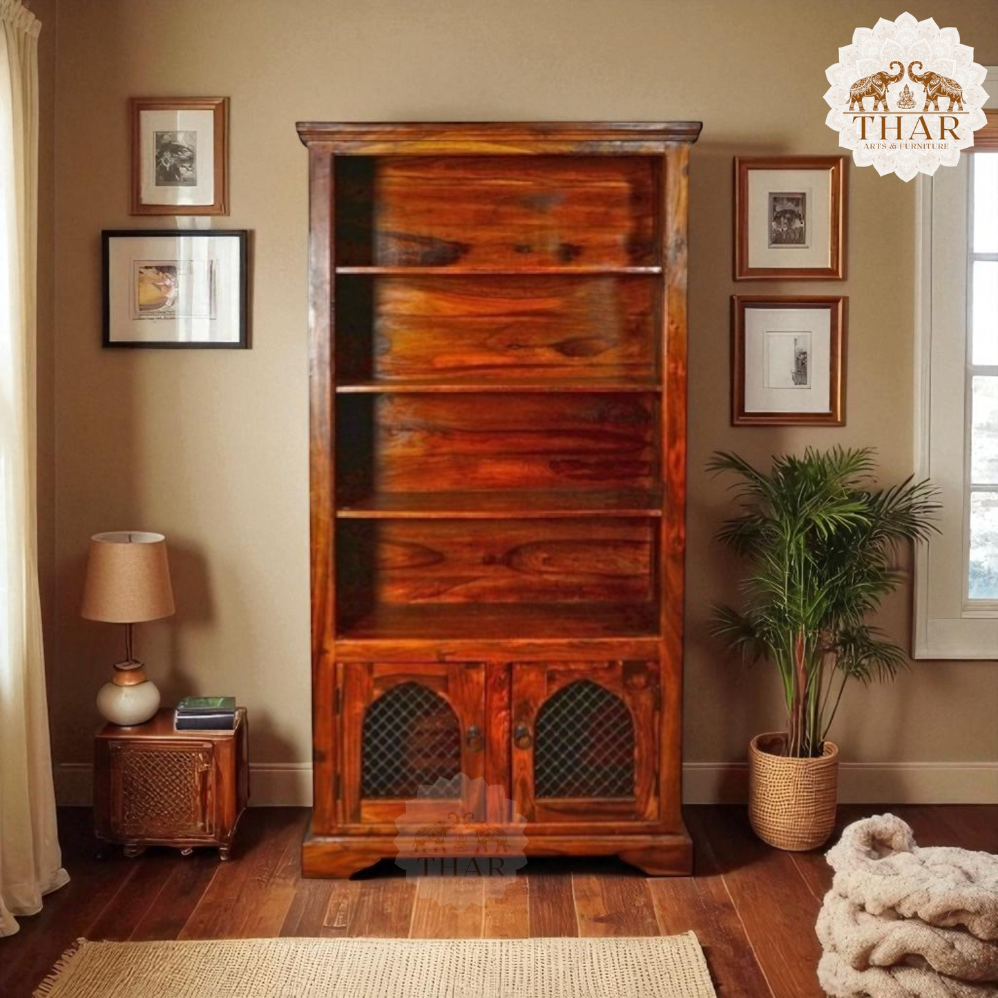 Thar Arts And Furniture - Sheesham Wood Bookshelf Cabinet with Jalli Door