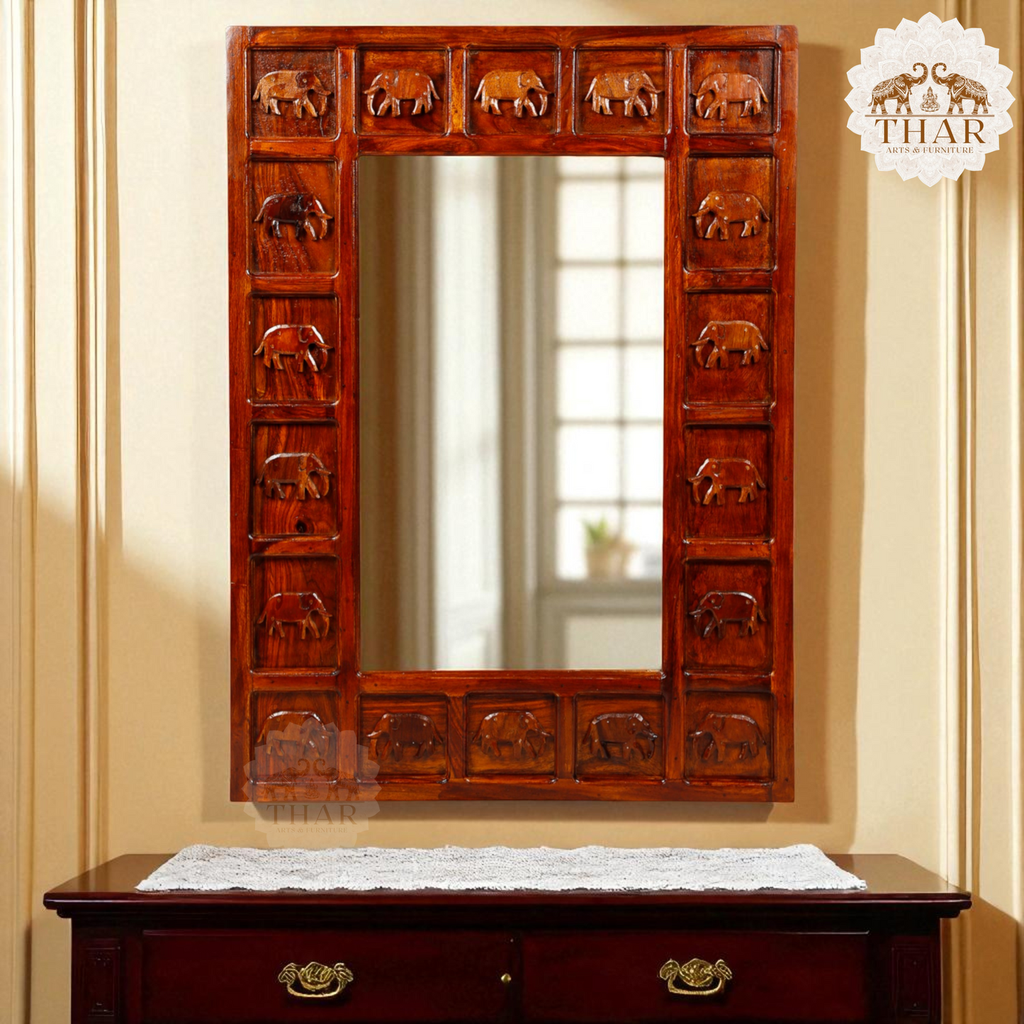 Thar Arts And Furniture - Sheesham Ethnic brown wooden Mirror with Elephant Frame