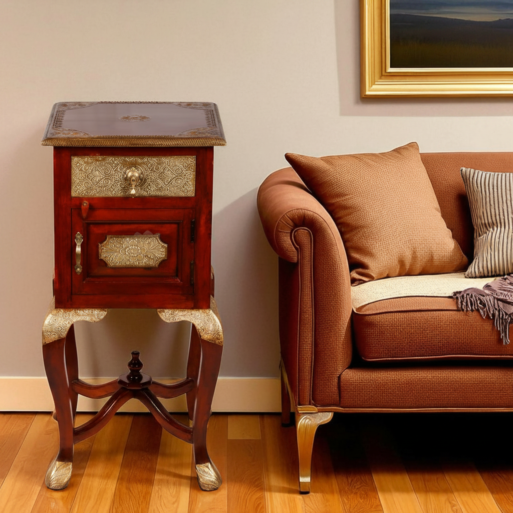 Embossed Antique Brass-Work Side Table / Stool