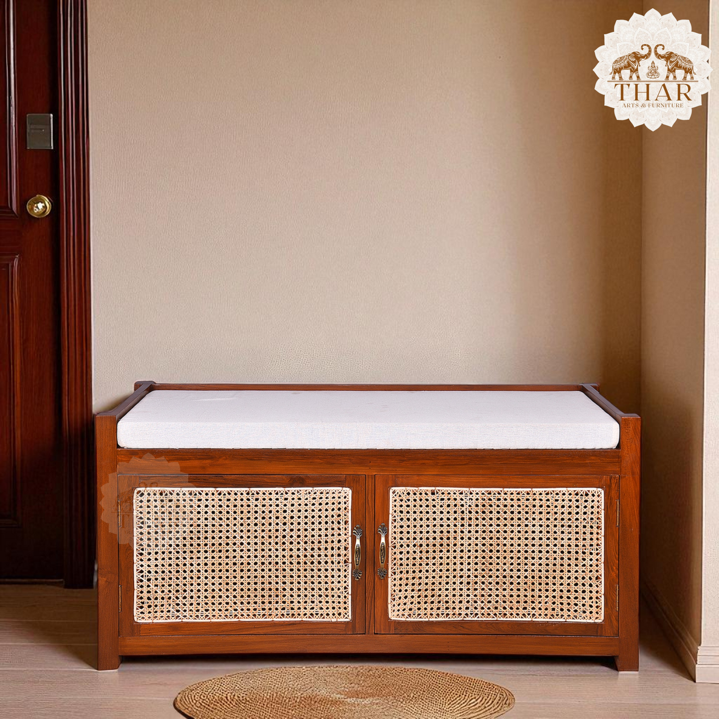Thar Arts And Furniture - Teakwood Shoe Rack/ Bench with Cushion, 2 Door Storage Shelf and Cane Finish ( Rattan )