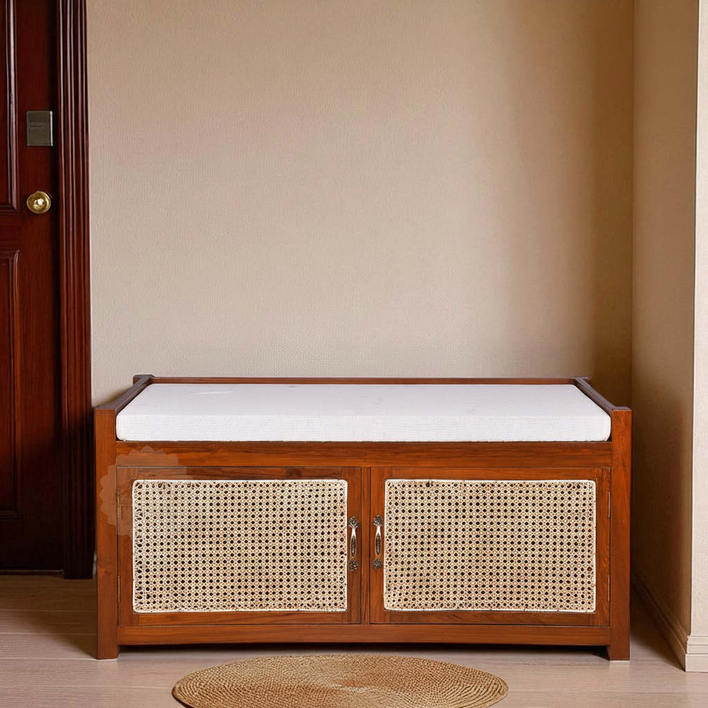 Teak Wood Shoe Rack Bench with Cushion, 2-Door Storage & Cane Finish