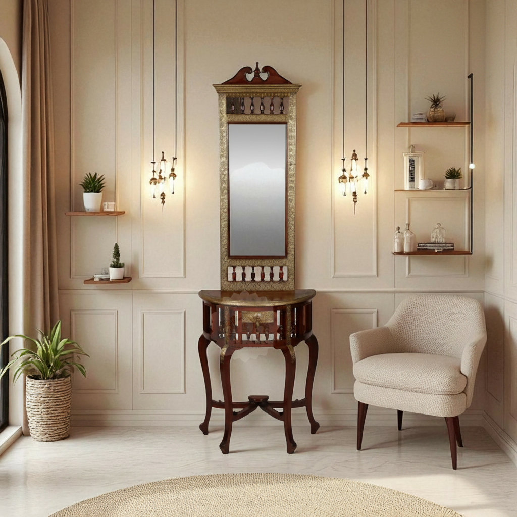 Mango Wood Dressing Table with Mirror & Small Storage – Walnut Finish
