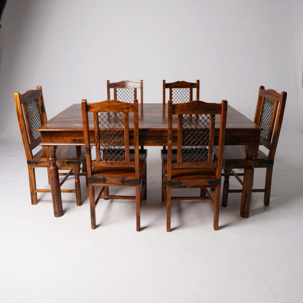Solid Sheesham Wood Dining Table Set with Metal Mesh Back Chairs – 6 Seater | Industrial Traditional Fusion | Thar Arts & Furniture