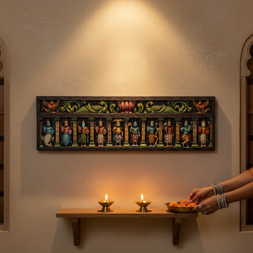 Dasavathara Horizontal Wooden Panel - Vagai Wood Multicolour | Thar Arts & Furniture