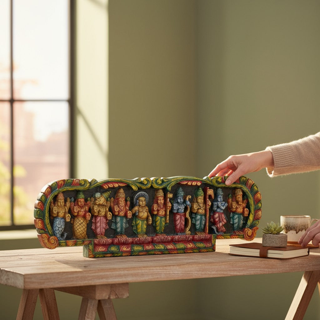 Dasavatharam Horizontal Wooden Panel - Vagai Wood Wall Hanging | Thar Arts & Furniture