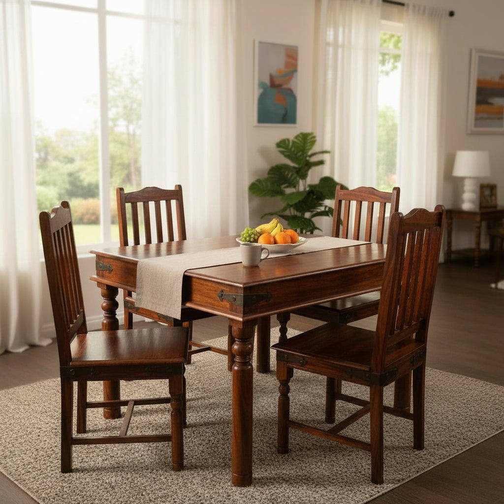 Solid Sheesham Wood Dining Table Set – 4 Seater | Classic Turned-Leg Design | Thar Arts & Furniture