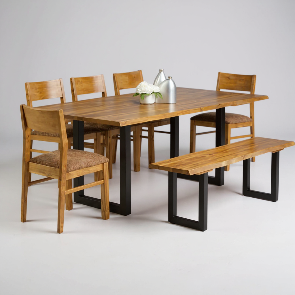 Contemporary Solid Wood Dining Table Set with Bench & Metal Base – Live Edge Design, 6 Seater | Thar Arts & Furniture
