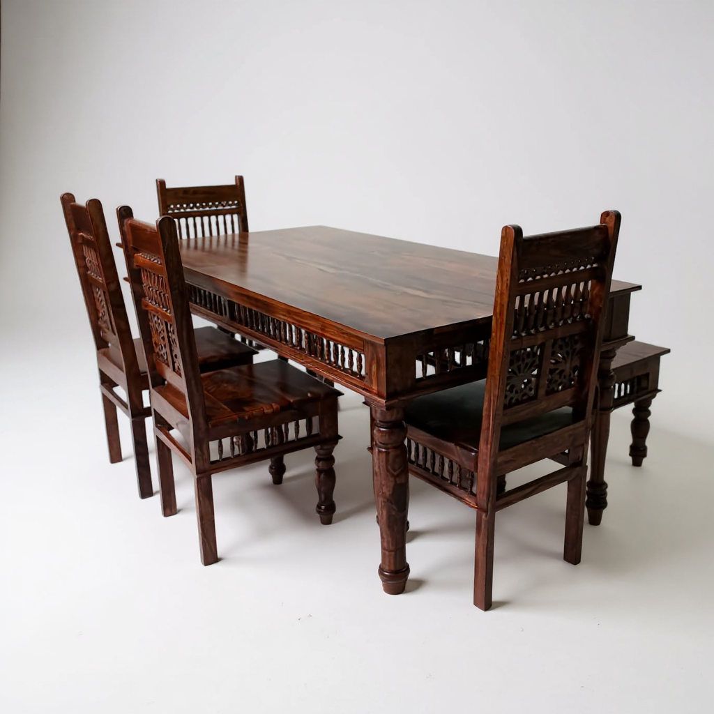 Traditional Solid Wood Dining Table Set with Spindle-Carved Chairs – 6 Seater
