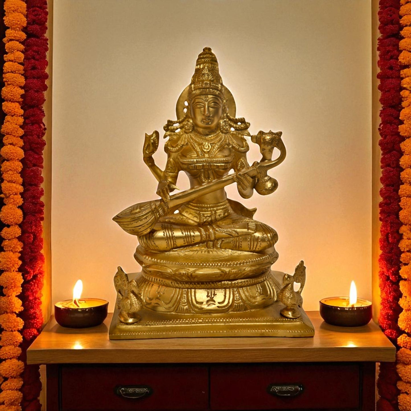 Brass Goddess Saraswati With Flat Base – Spiritual Saraswati Idol | Thar Arts & Furniture