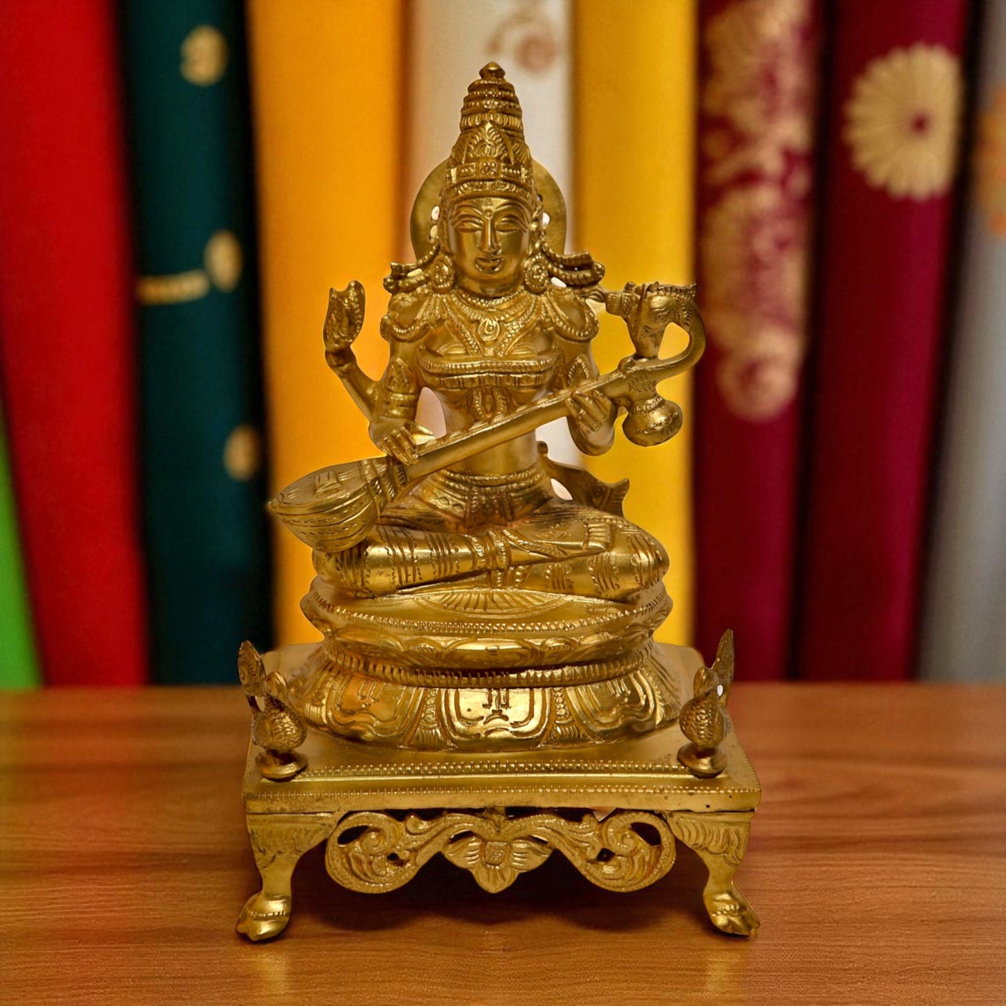 Brass Goddess Saraswati With Chowki – Spiritual Saraswati Idol | Thar Arts & Furniture