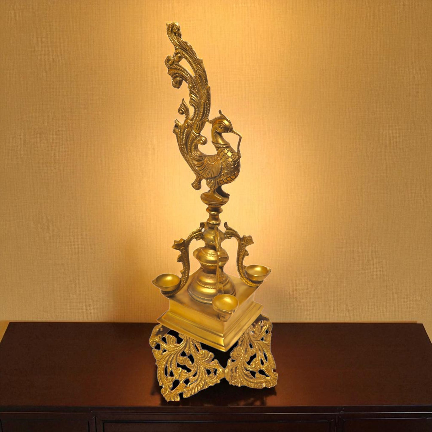 Brass Lamp With Peacock Head & 4 Katori – Decorative Pooja Deepam