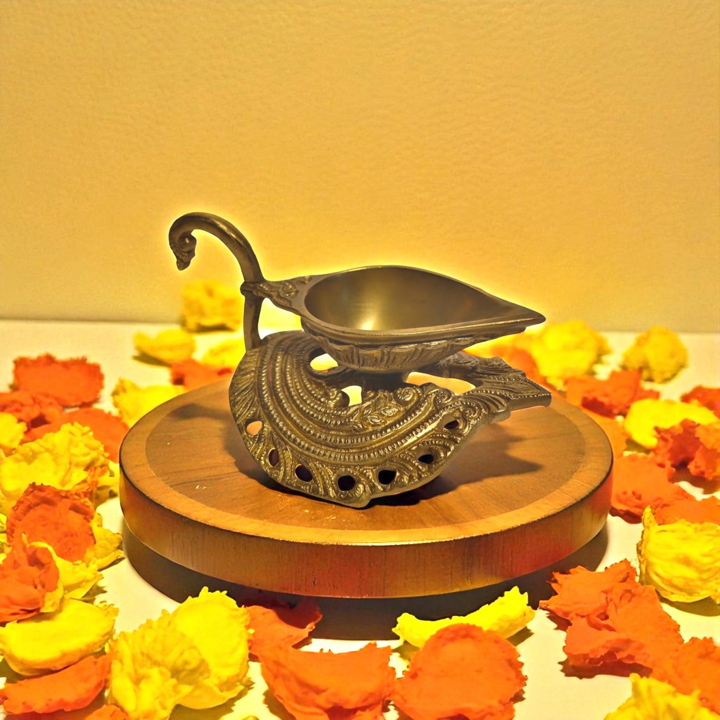 Brass Diya on Leaf Base – Traditional Oil Lamp for Pooja & Home Temple | Thar Arts & Furniture