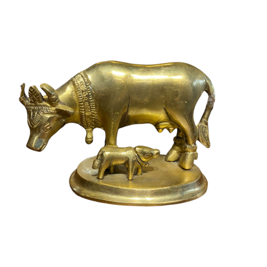 Thar Arts Pure Brass Cow and Calf Statue – Handcrafted Kamadhenu Idol for Home & Vastu Decor