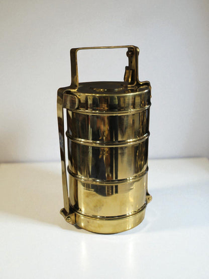 Handcrafted Brass Hammered Tiffin Lunch Box – 3 Tier Vintage Indian Carrier 11"