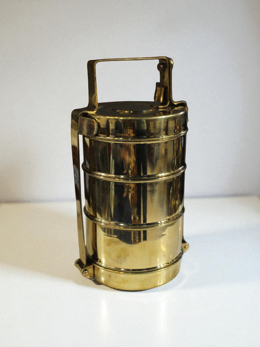 Handcrafted Brass Hammered Tiffin Lunch Box – 3 Tier Vintage Indian Carrier 11"