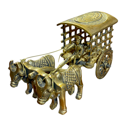 Handcrafted Pure Brass Bullock Cart Figurine with Jail Design – Traditional Indian Village Decorative Showpiece for Home, Office, and Gifts
