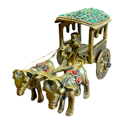 Handcrafted Pure Brass Bullock Cart Figurine with Stone Work – Traditional Indian Decor | Thar Arts & Furniture