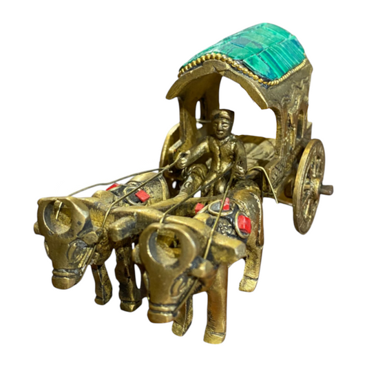 Handcrafted Pure Brass Bullock Cart Figurine with Green Stone Work – Traditional Indian Decorative Showpiece for Home, Office, and Gifts