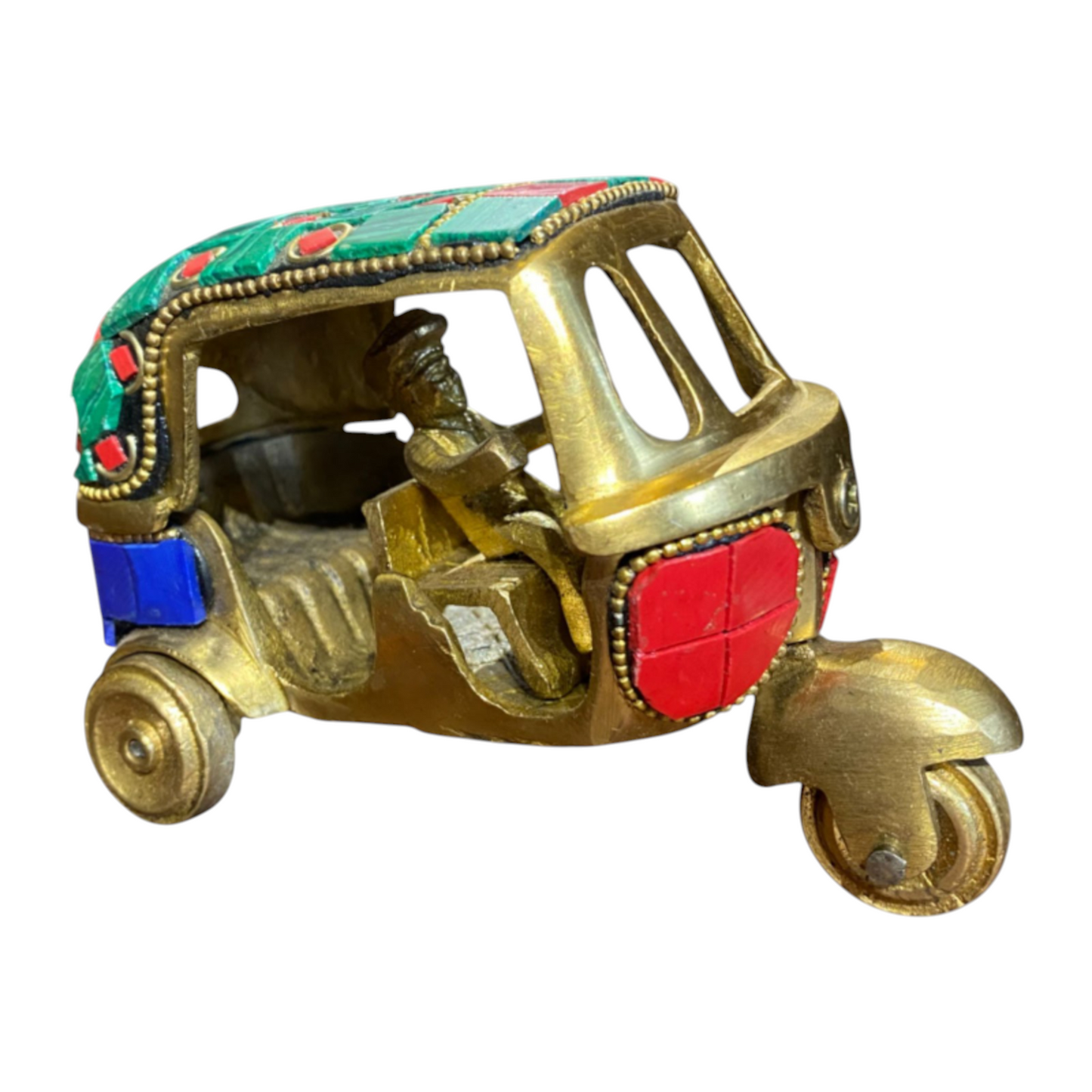 Handcrafted Pure Brass Auto Rickshaw Figurine with Stone Work – Traditional Indian Decorative Showpiece for Home, Office, and Gifts