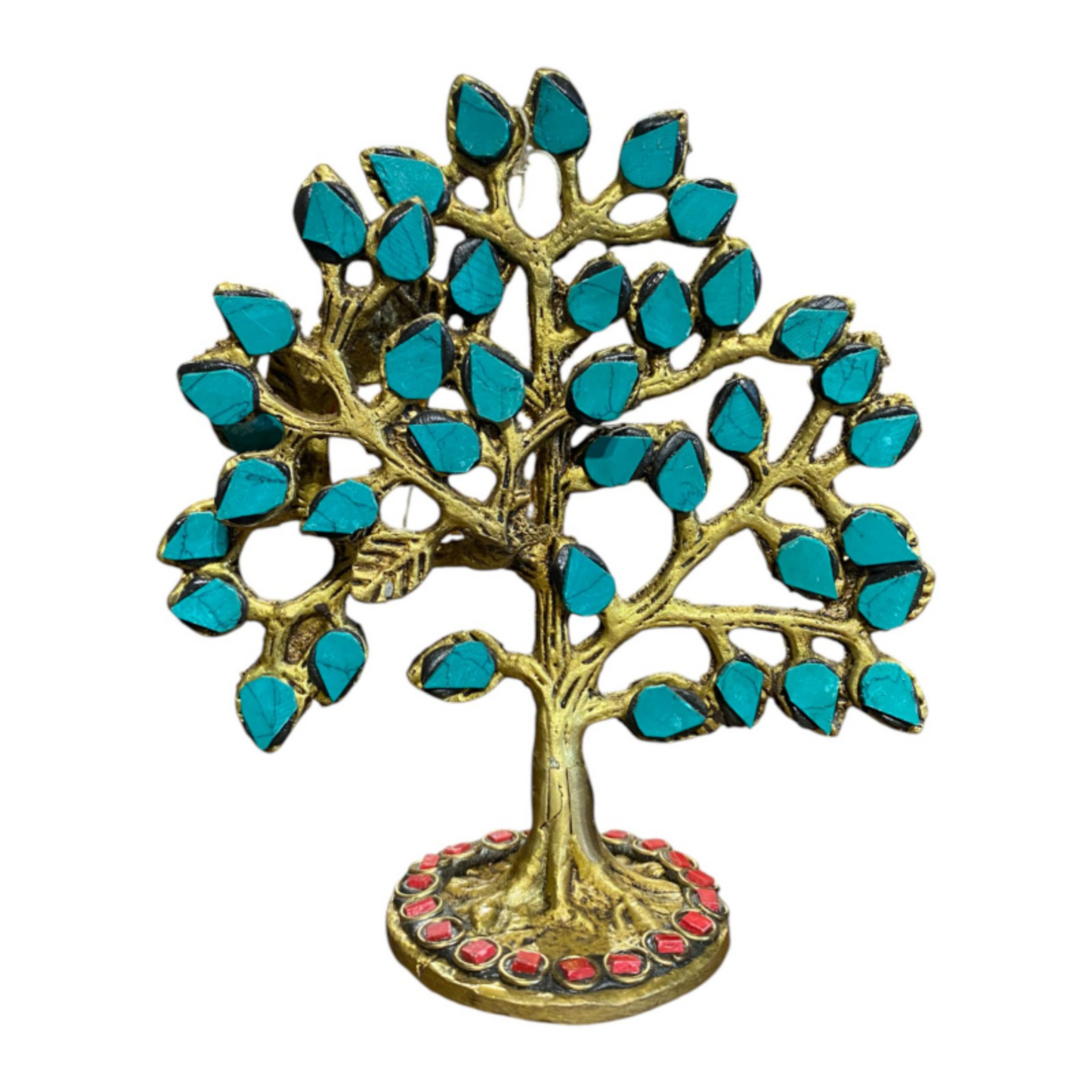 Handcrafted Pure Brass Tree Figurine with Stone Work – Traditional Indian Decorative Showpiece for Home, Office, and Gifts