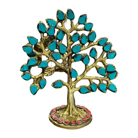 Handcrafted Pure Brass Tree Figurine with Stone Work – Traditional Indian Decorative Showpiece for Home, Office, and Gifts