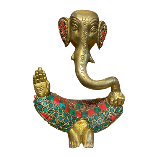 Handcrafted Pure Brass Ganesha Figurine with Stone Work – Traditional Indian Decorative Showpiece for Home, Office, and Gifts