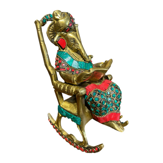 Handcrafted Pure Brass Ganesha Figurine Reading Book on Rocking Chair with Stone Work – Traditional Indian Decorative Showpiece for Home, Office, and Gifts
