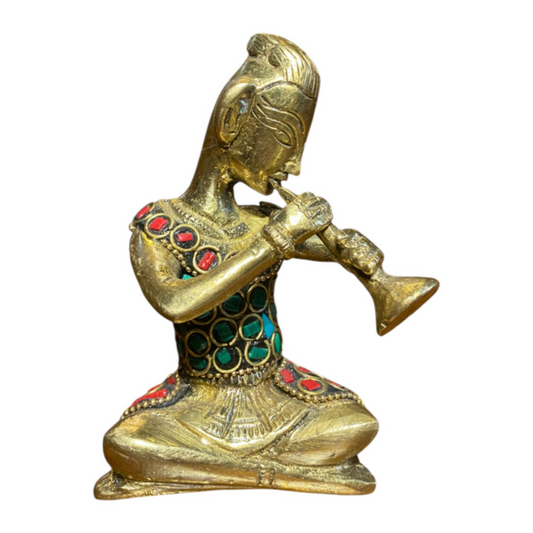 Handcrafted Pure Brass Tribal Flute Musician Figurine with Stone Work – Indian Folk Art Decorative Showpiece for Home and Office