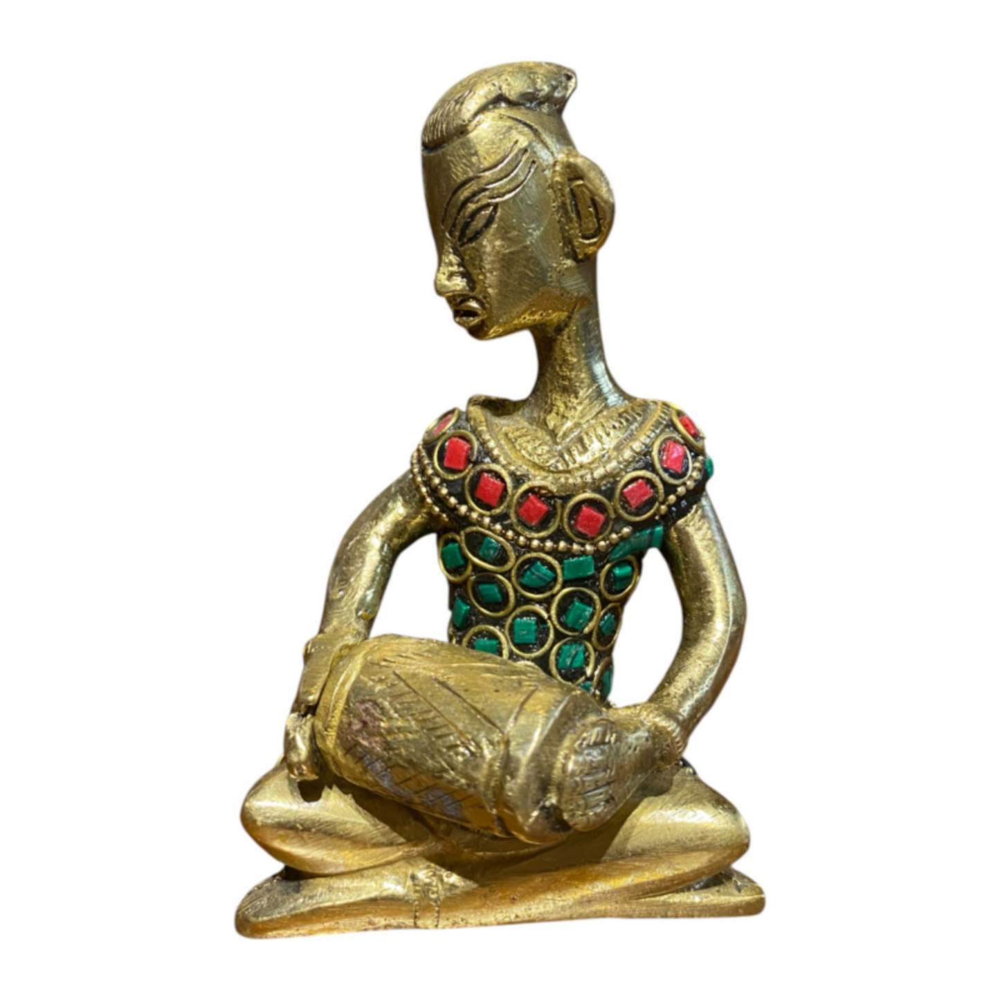 Handcrafted Pure Brass Tribal Drummer Figurine with Stone Work – Indian Folk Art Decorative Showpiece for Home and Office