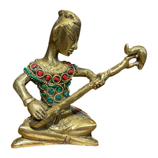 Handcrafted Pure Brass Tribal Musician Figurine with String Instrument and Stone Work – Indian Folk Art Decorative Showpiece for Home and Office