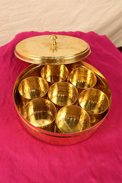 Handcrafted Brass Masala Daani Spice Box – 7-Container Hammered Finish, 8 Inch, Traditional Indian Kitchen Organizer