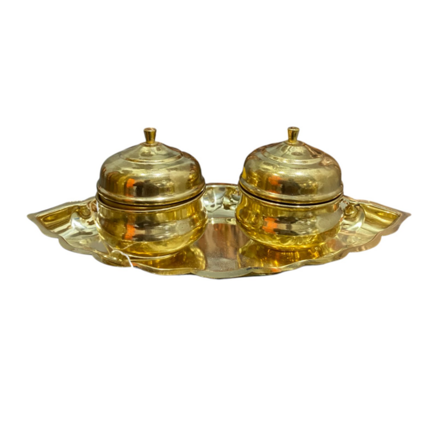 Traditional Brass Sindoor Dabbi Set with Tray – Decorative Kumkum Boxes with Lids for Pooja, Wedding, and Festive Gifting