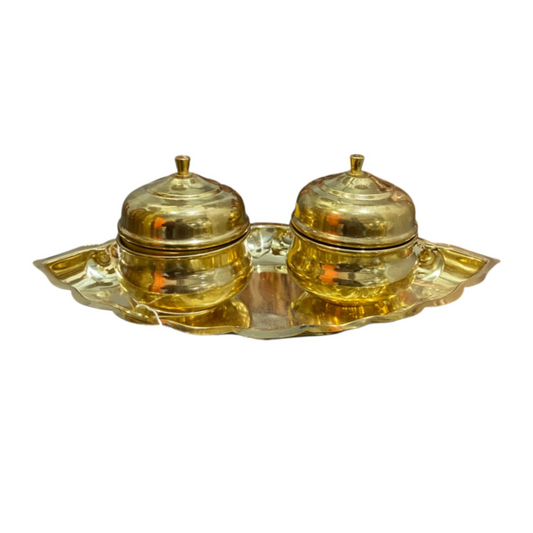 Traditional Brass Sindoor Dabbi Set with Tray – Decorative Kumkum Boxes with Lids for Pooja, Wedding, and Festive Gifting