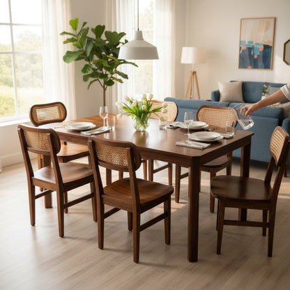 Mid-Century Solid Wood Dining Table Set – 6 Seater with Cane Back Chairs | Thar Arts & Furniture
