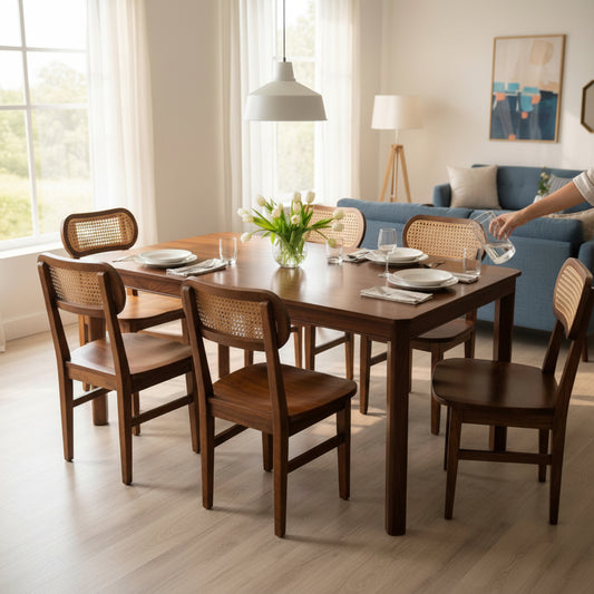Mid-Century Solid Wood Dining Table Set – 6 Seater with Cane Back Chairs