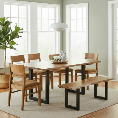 Contemporary Solid Wood Dining Table Set with Bench & Metal Base – Live Edge Design, 6 Seater | Thar Arts & Furniture