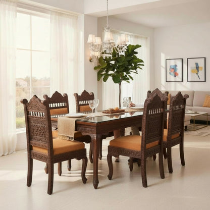 Handcrafted Royal Wooden Dining Table Set with Intricate Carvings – Glass Top, 6 Seater | Thar Arts & Furniture