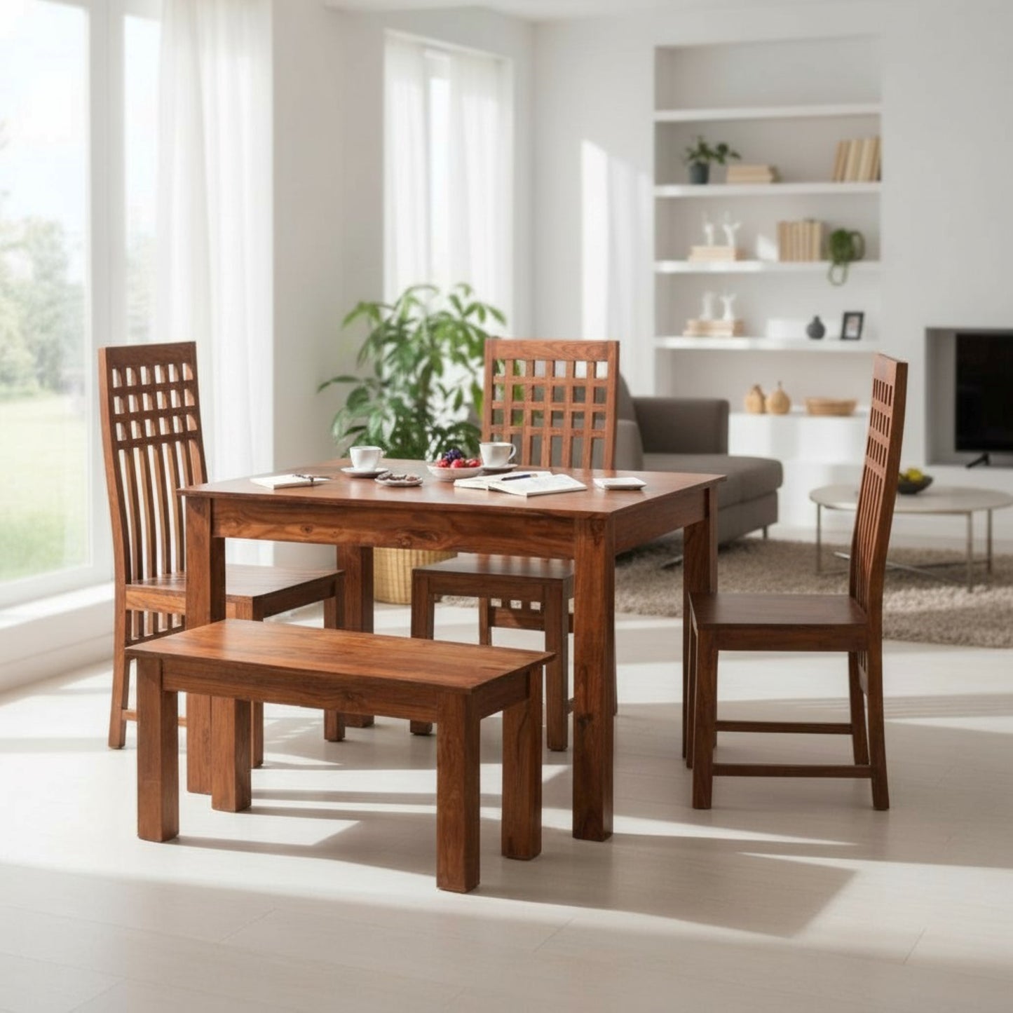 Solid Wood Dining Table Set with High-Back Chairs & Bench – 4 Seater | Thar Arts & Furniture