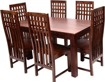 Solid Sheesham Wood Dining Table Set with High-Back Lattice Chairs – 6 Seater | Thar Arts & Furniture