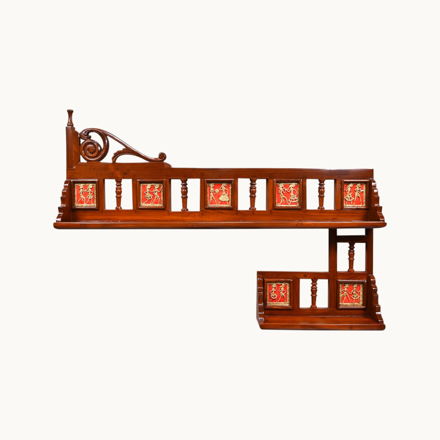 Thar Arts And Furniture - Teak wood Wall Shelf with Dhokra and Warli art