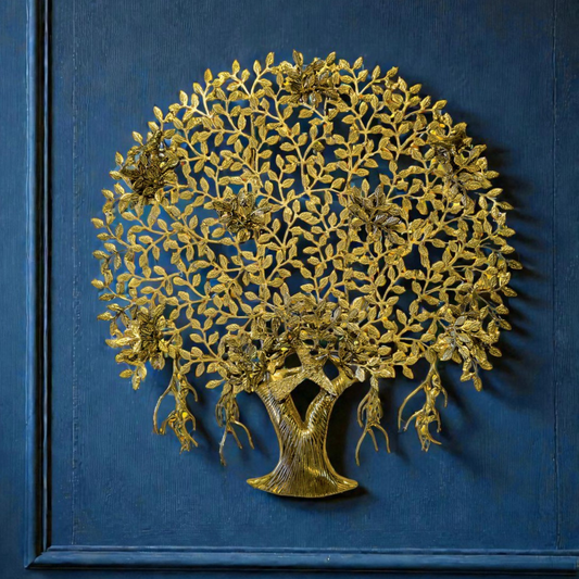 Brass Tree of Life Wall Hanging – Vastu Tree with Roots & Flowers