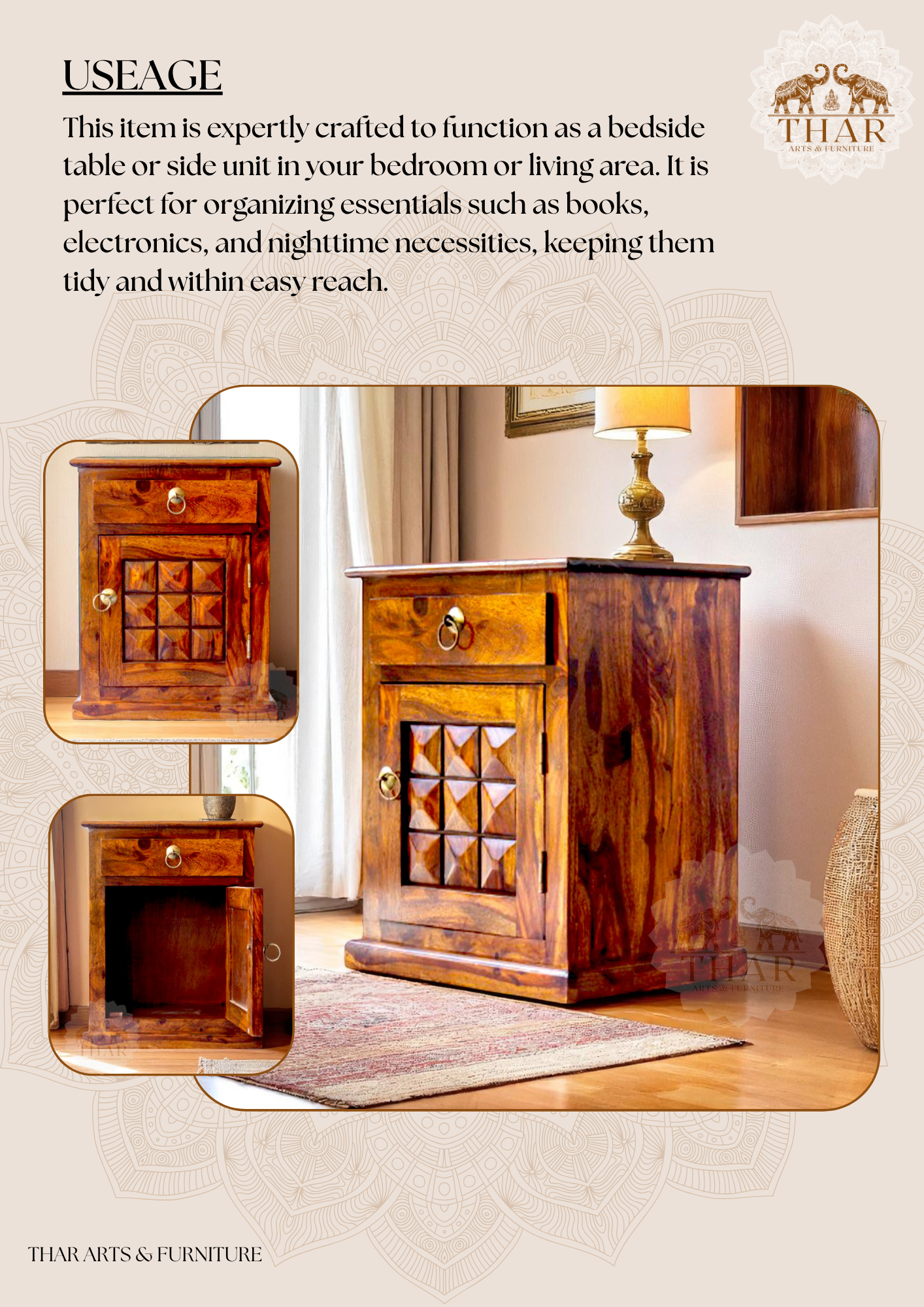 Thar Arts And Furniture - Sheesham Bedside with storage and checkerbox design