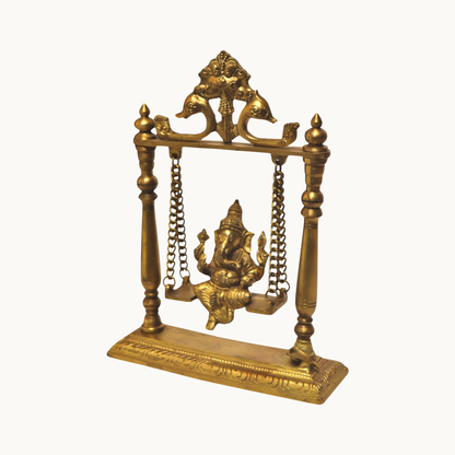 Brass Ganesha on Swing (Jhula) Idol – Handcrafted Solid Brass Ganesh Statue for Home Temple & Décor