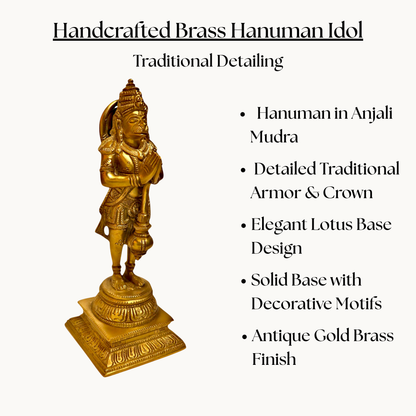 Thar Arts And Furniture - Handcrafted Brass Hanuman Idol | Standing Murti for Pooja Room & Spiritual Décor