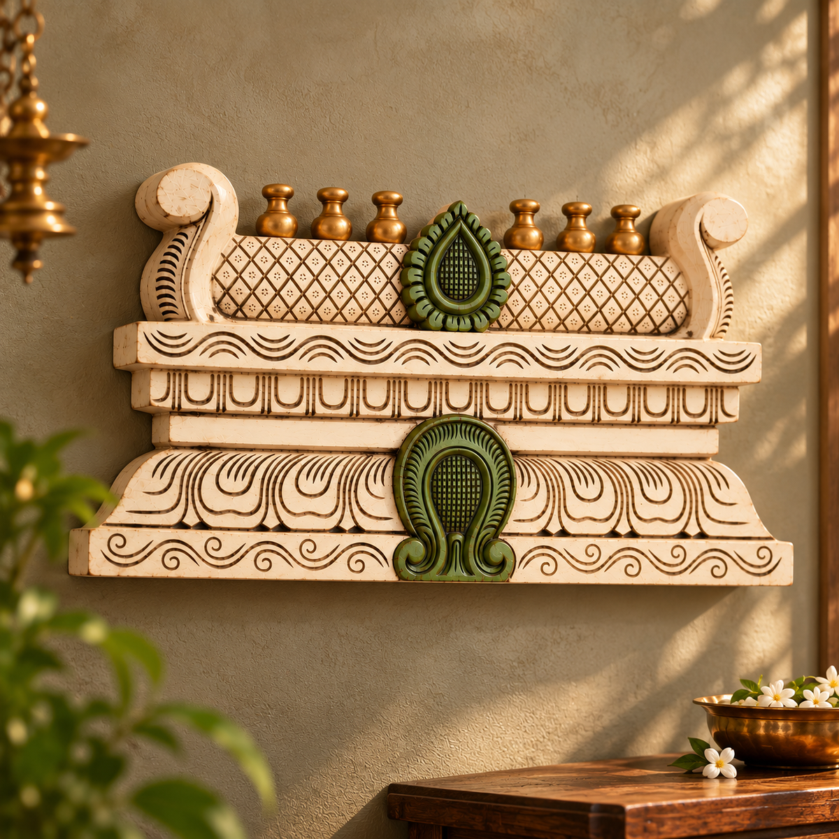 Handcrafted Wooden Painted Gopuram – Ivory & Green Temple Decor
