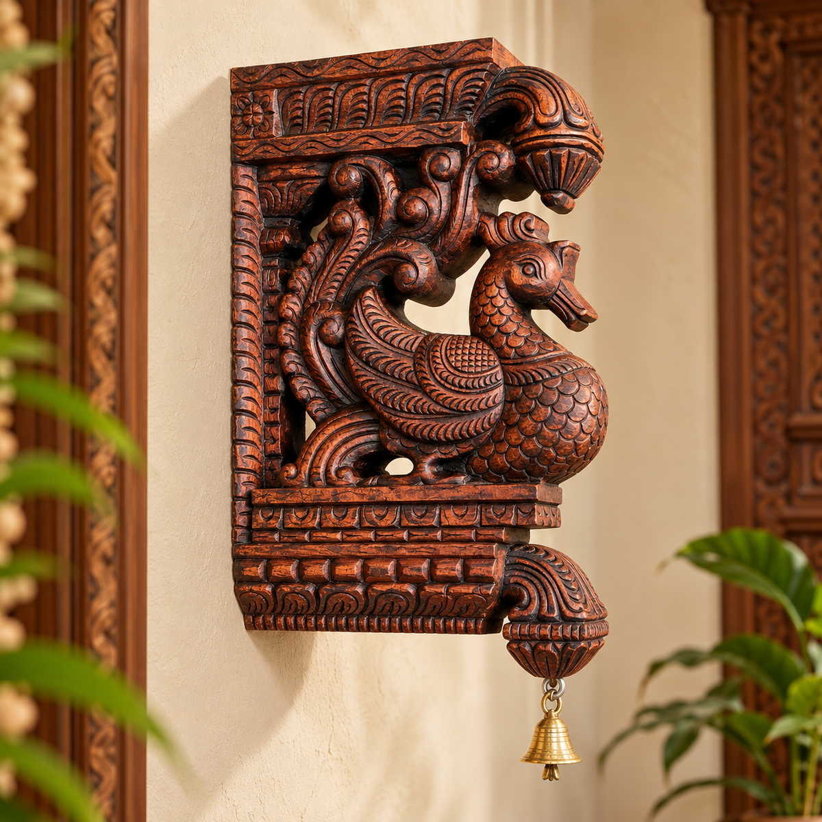 16" Handcrafted Wooden Peacock Wall Bracket with Brass Bell – Traditional Carved Corbel