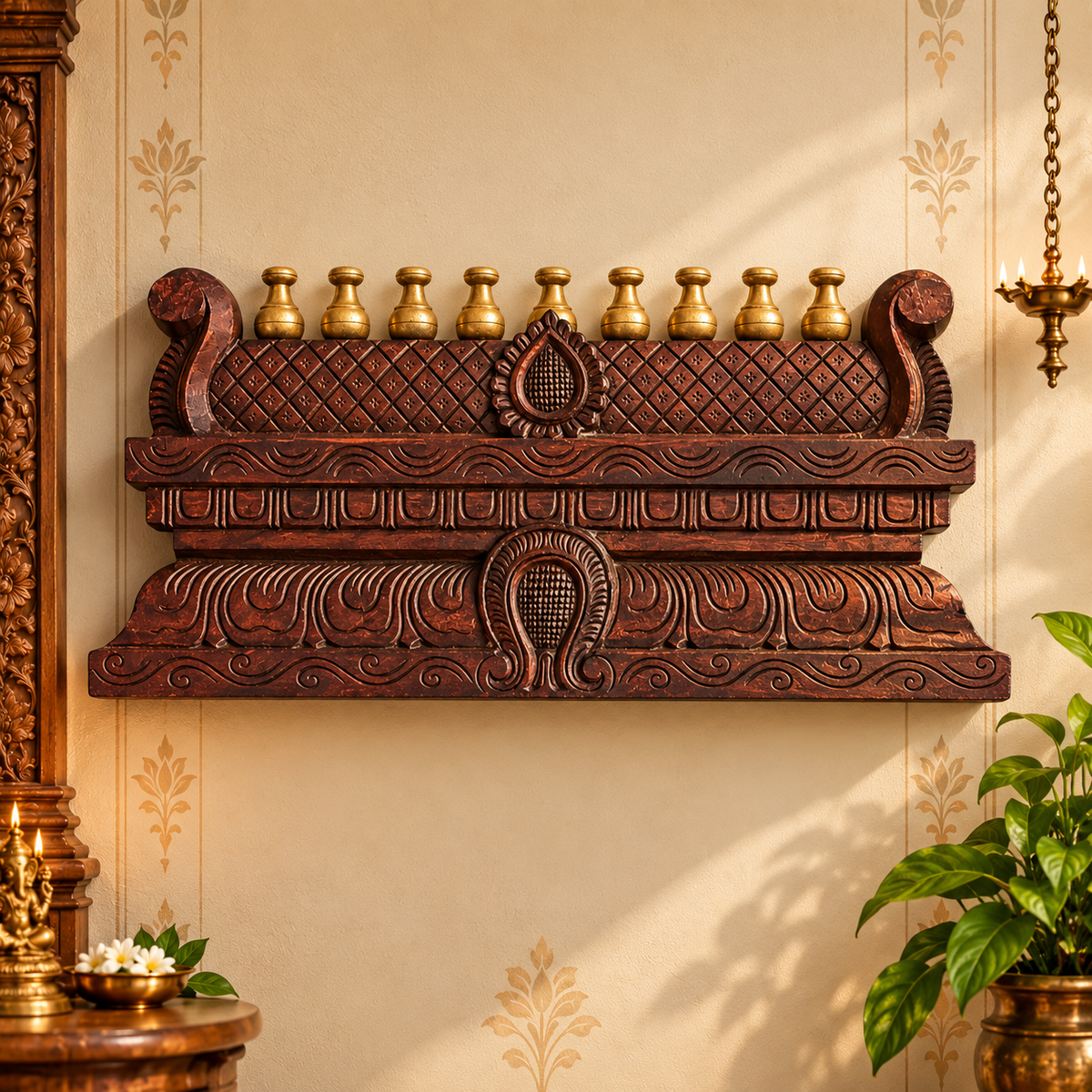 Handcrafted Wooden Gopuram – Traditional Temple Wall Décor