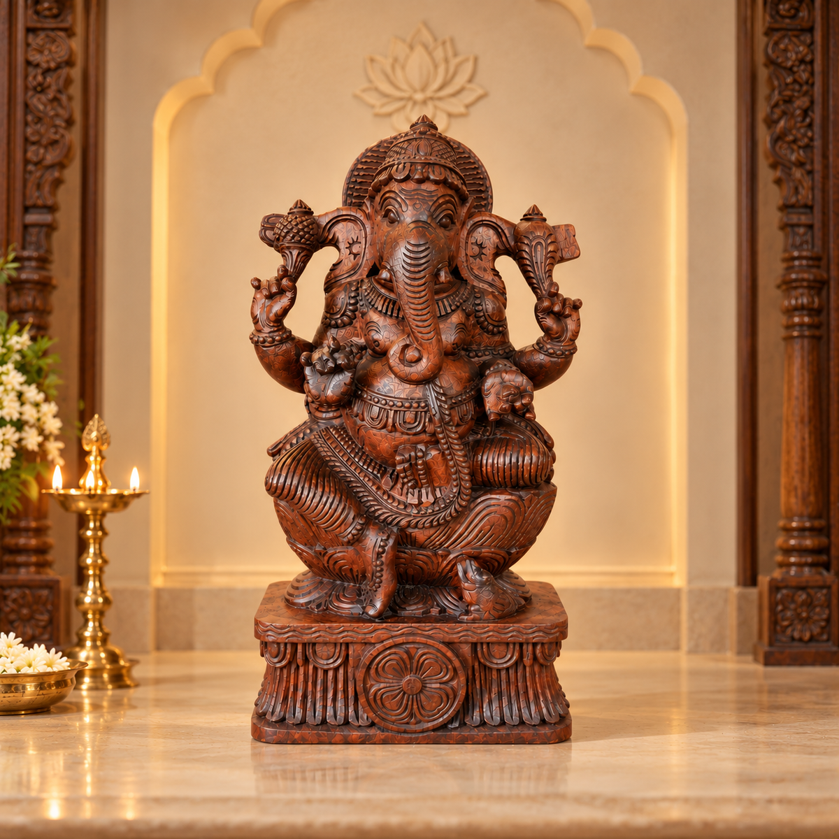 Handcrafted Wooden Carved Ganesha Statue – Traditional Decorative Idol